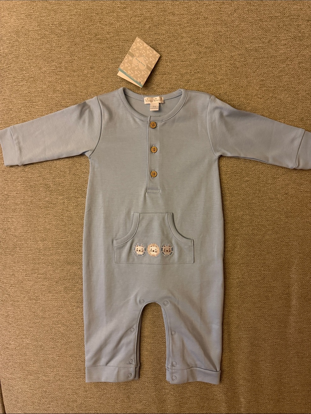 NWT Kissy Kissy Soft Pale Blue Long-Sleeve Baby Romper with Pocket